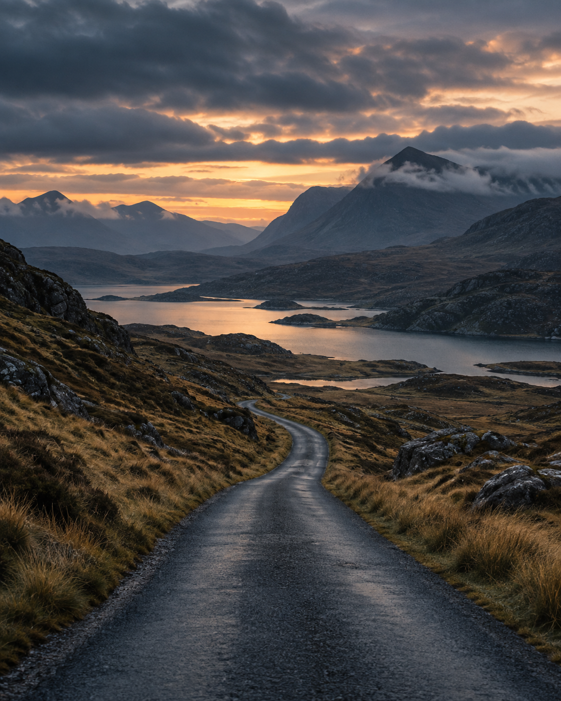 A winding road through highlands at dusk